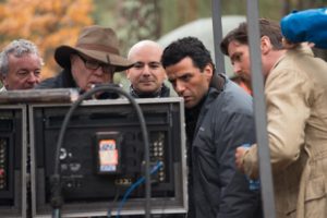 Director Terry George (left), producer Eric Esrailian, and actors Oscar Isaac and Christian Bale on the set of the 2016 film “The Promise.” Photo: Courtesy Eric Esrailian